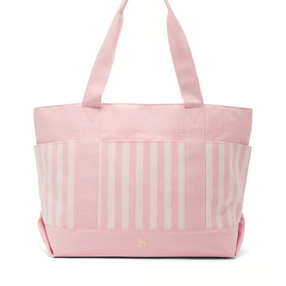 Victoria's Secret Pocket Tote Bag Large Pink Stripe NWT - Picture 1 of 9